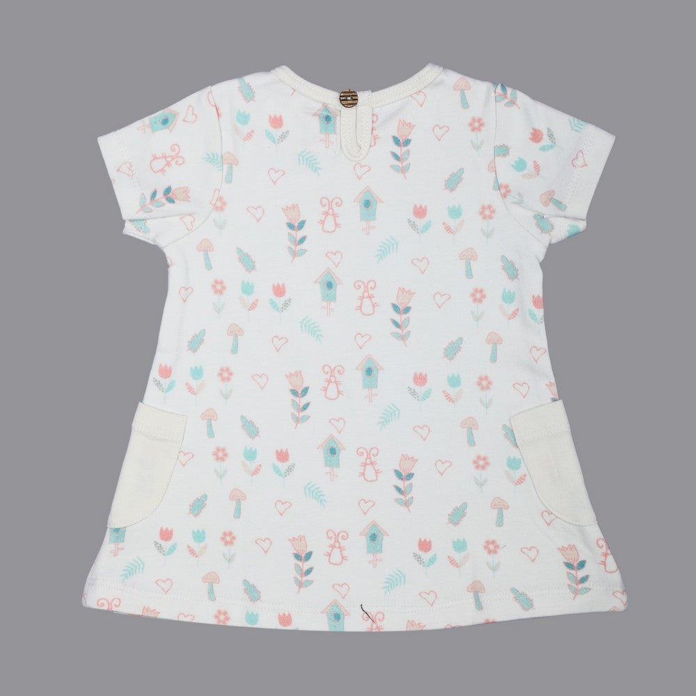 White Floral Printed Half Sleeves Dress