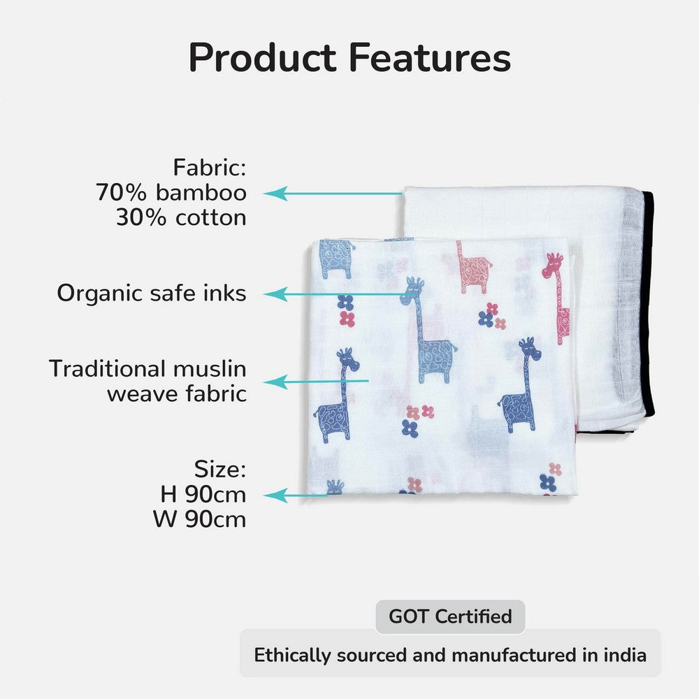 Giraffe & Classic White Design Muslin Swaddle Wrap- Pack Of 2
