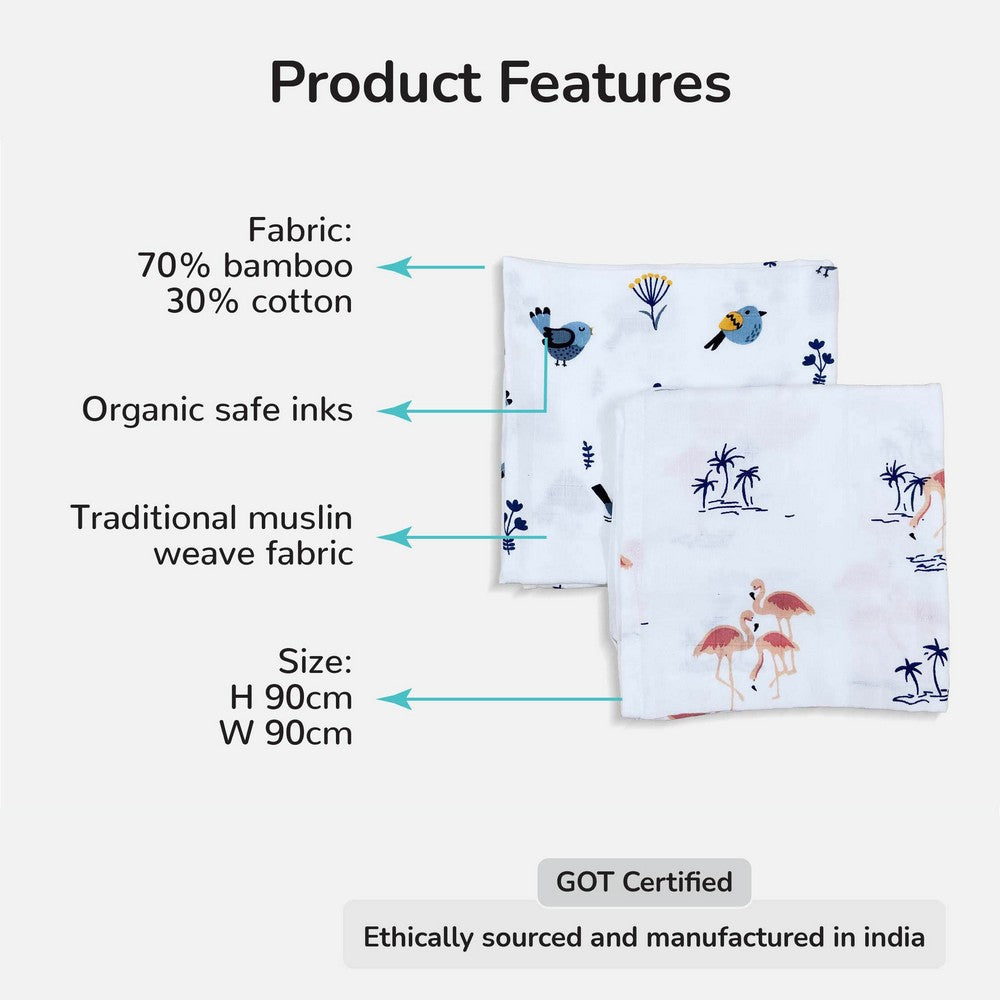 Bird & Flamingo Design Muslin Swaddle Wrap- Pack Of 2