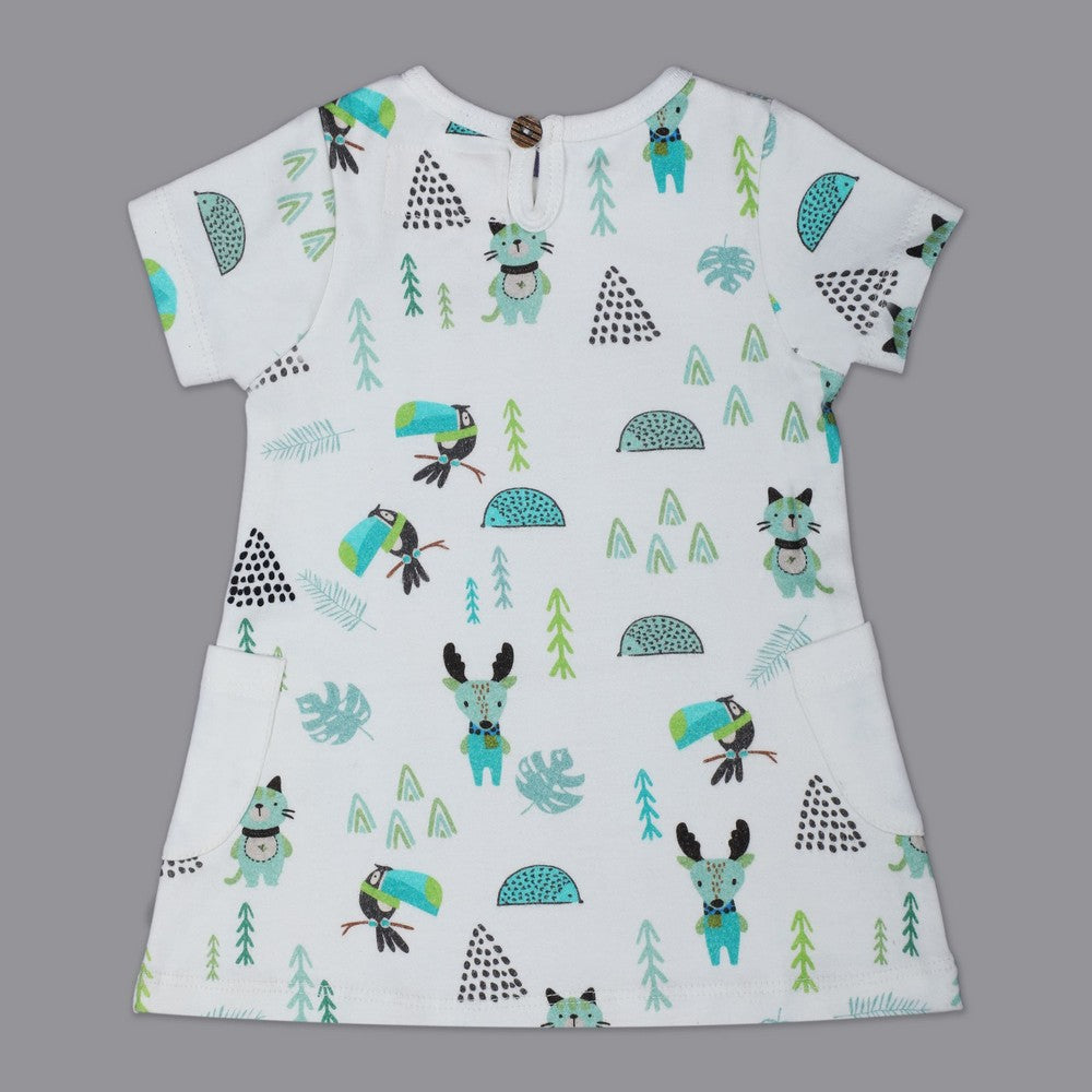 White Forest Printed Half Sleeves Dress