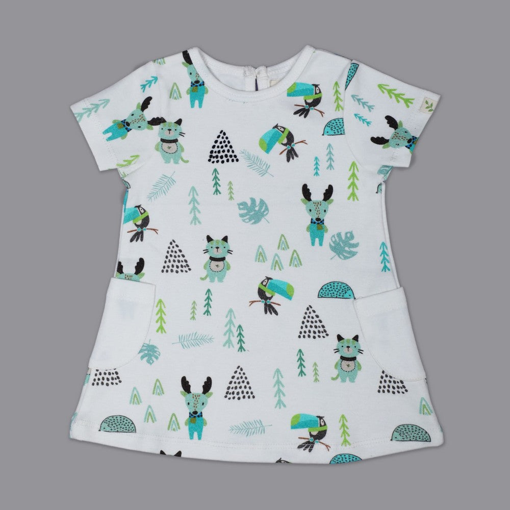 White Forest Printed Half Sleeves Dress