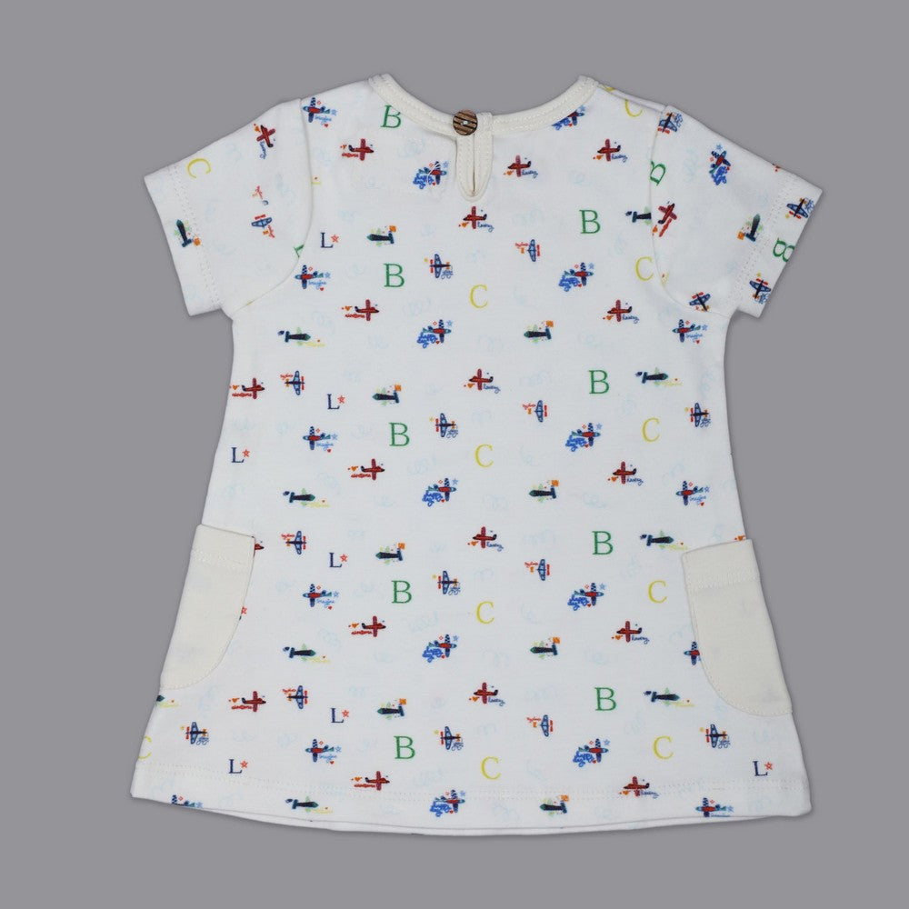 White Aeroplane Printed Half Sleeves Dress