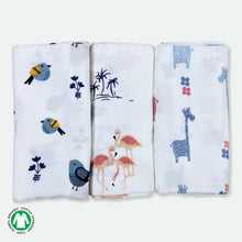 Load image into Gallery viewer, Bird, Giraffe &amp; Flamingo Design Muslin Swaddle Wrap- Pack Of 3
