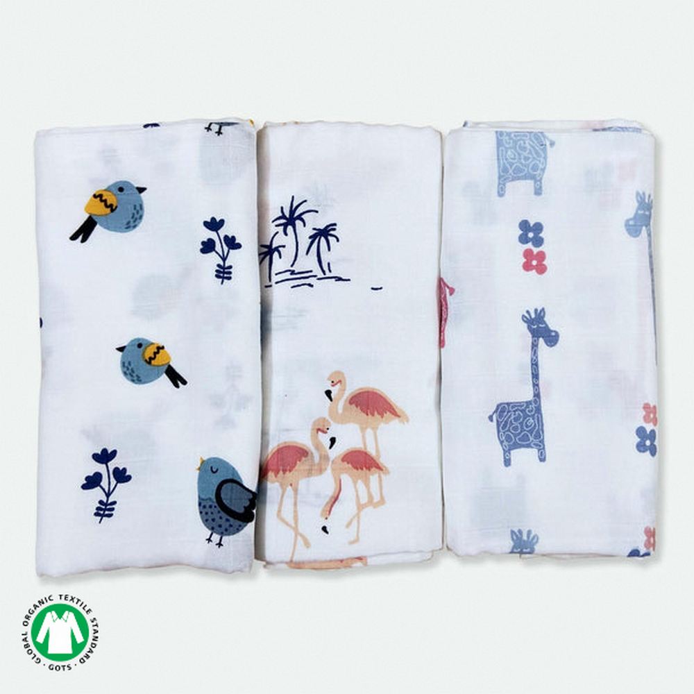 Bird, Giraffe & Flamingo Design Muslin Swaddle Wrap- Pack Of 3