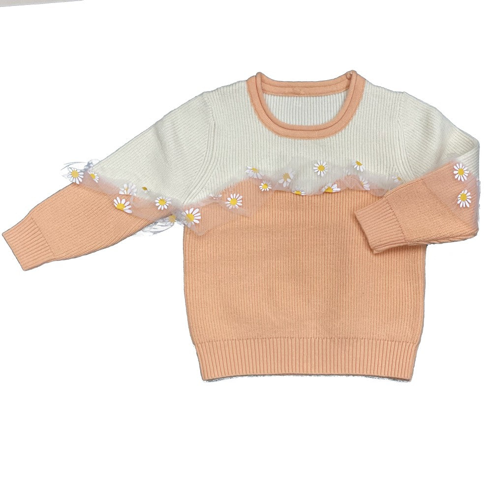 Cute Peach Daisy Print Woollen Sweater