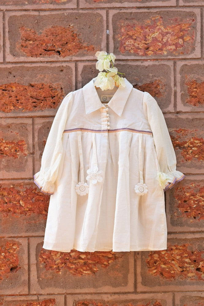 White Victorian Style Ruffled Sleeve Cotton Dress With Purple Gold Selvedge