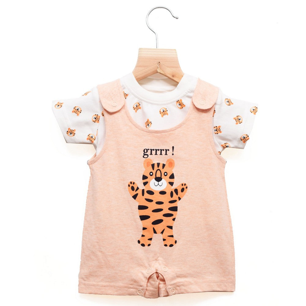 Pastel Orange Animal Printed Romper Set With White T-Shirt