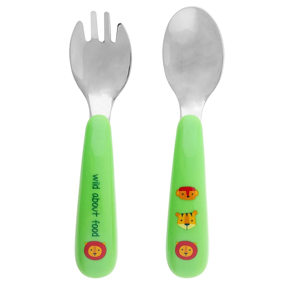Green Zoo Print Stainless Steel Spoon & Fork Set
